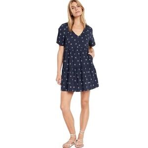 NWT Old Navy V-Neck Tiered Mini Swing Dress in Navy Floral Leaf - Large Tall